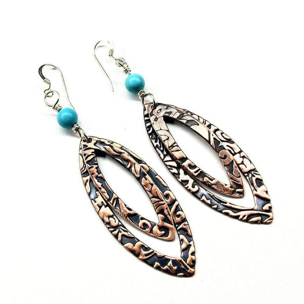 LONG POINTED OVAL COPPER AND TURQUOISE EARRINGS