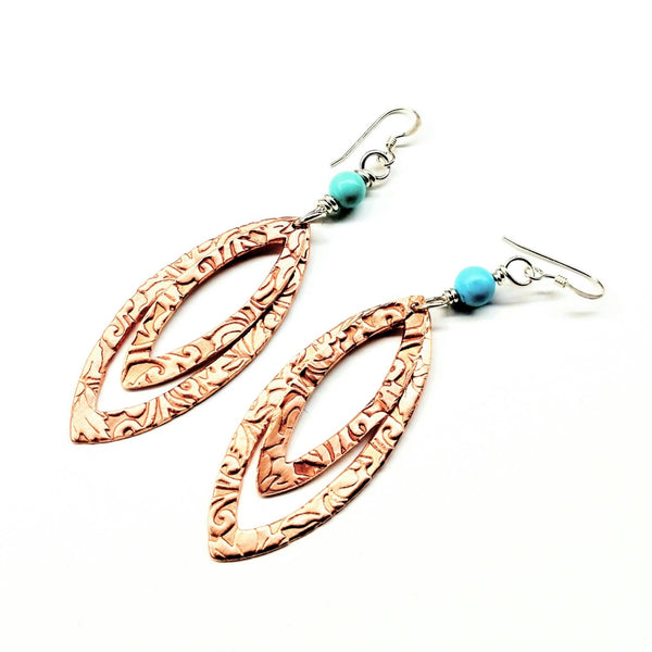 LONG POINTED OVAL COPPER AND TURQUOISE EARRINGS - Alexa Martha Designs