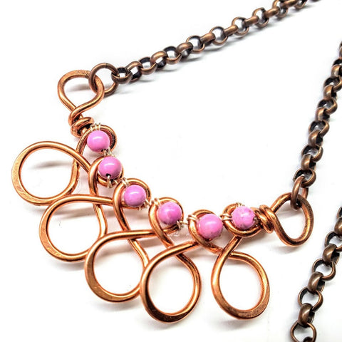 Pink Magnesite Wire Sculpted Copper Swirl Necklace