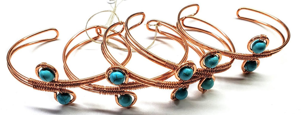 LARGE WIRE WRAPPED ADJUSTABLE TURQUOISE BEADS COPPER WIRE BRACELET 