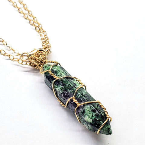 GOLD WIRE WRAPPED CAGED IN RUBY IN ZOISITE POINTED CRYSTAL NECKLACE FOR HIM by Alexa Martha Designs