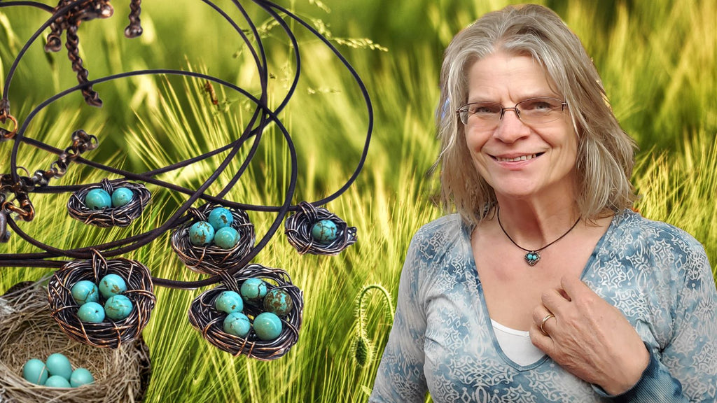 Alexa Martha surrounded by Robin nest necklaces which she designed and made.