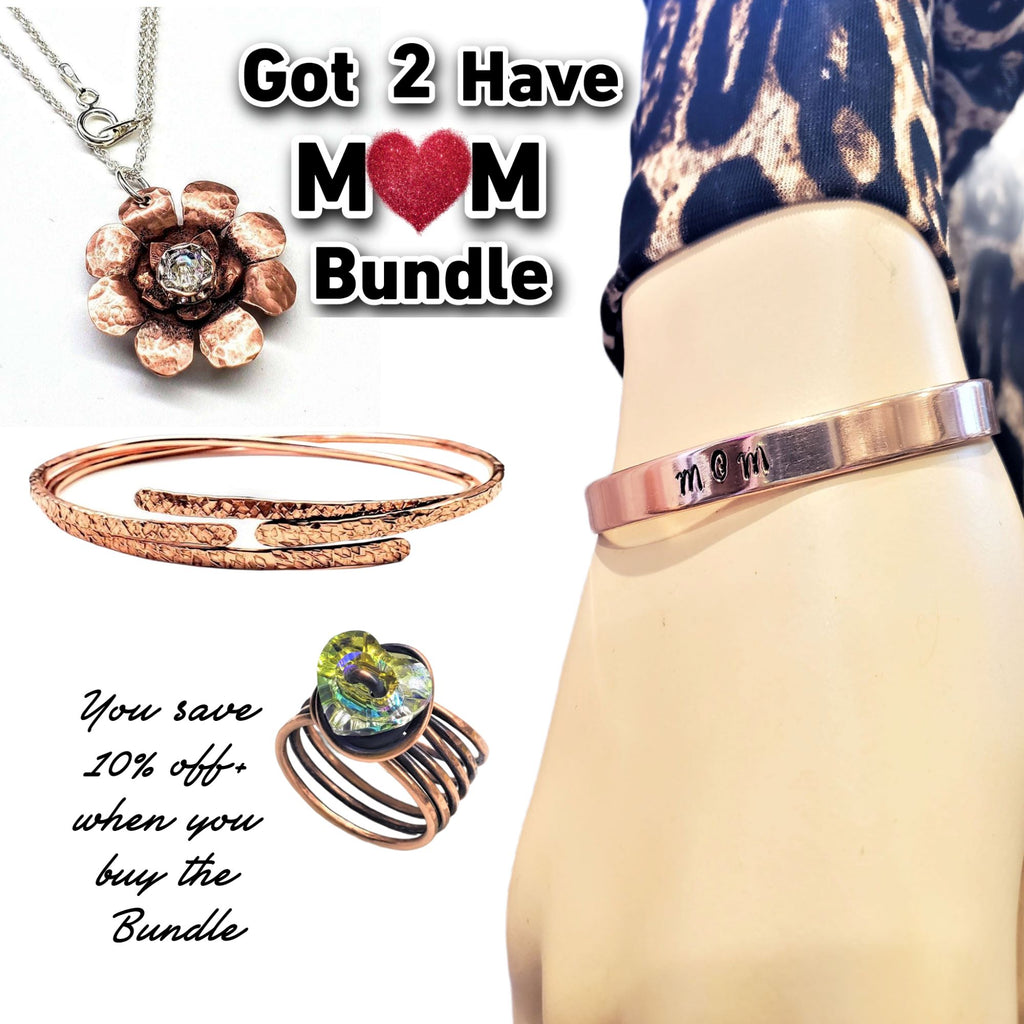 The Got 2 Have MOM Jewelry Bangle Bundle with multiband crystal heart ring and fidget flower necklace by Alexa Martha Designs