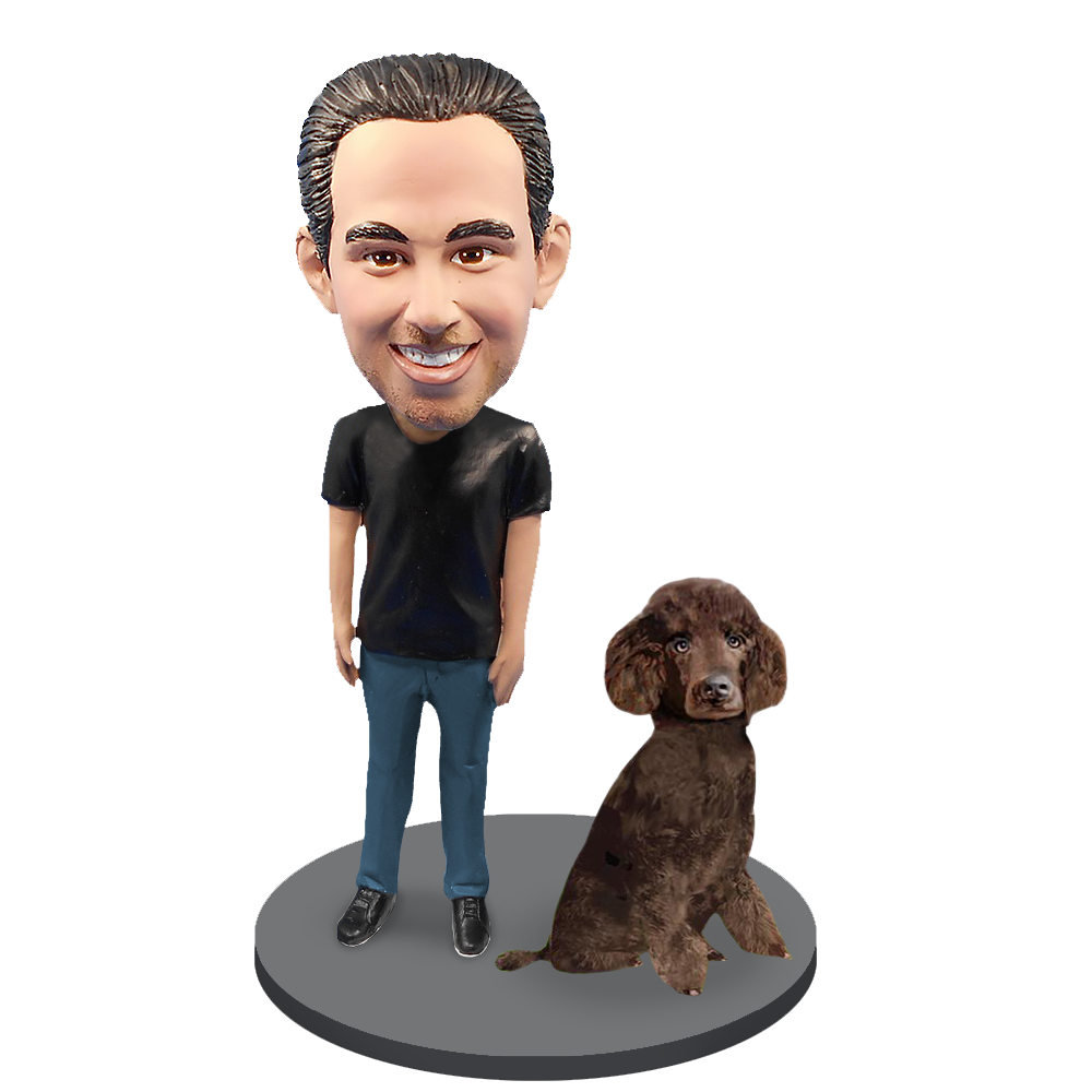 Custom Male with Custom Pet Dog Bobblehead - Poodle Brown Miniature