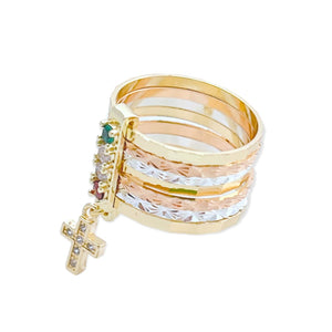 Cz cross charm tri-color semanario ring in 18k gold plated – Raf