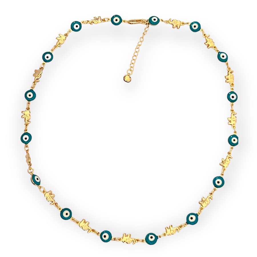 Elephant with Blue Evil Eye Beads Necklace in 18K of Gold