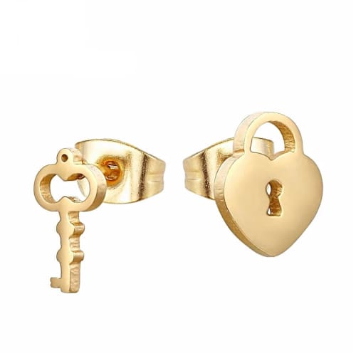 Lock Key Drop Earrings Set - Gold