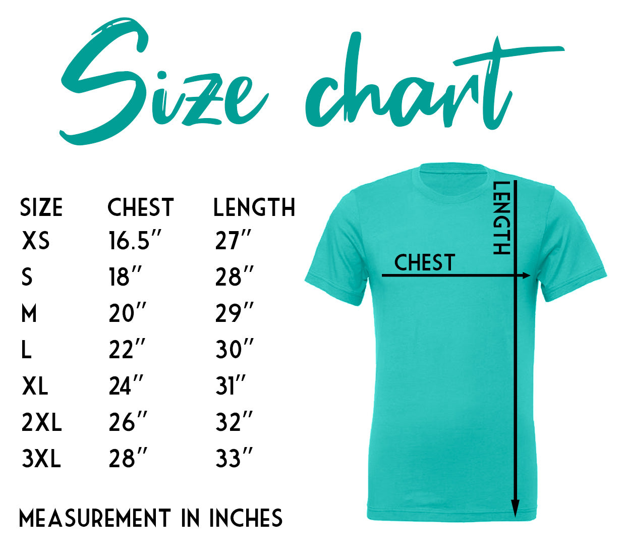 Size chart for Unisex Tshirt