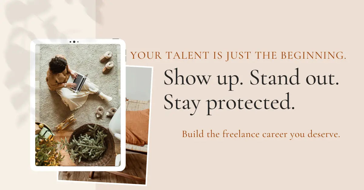 Inspirational workspace scene showing a confident freelancer building their online presence, brand, and digital security for long-term success.