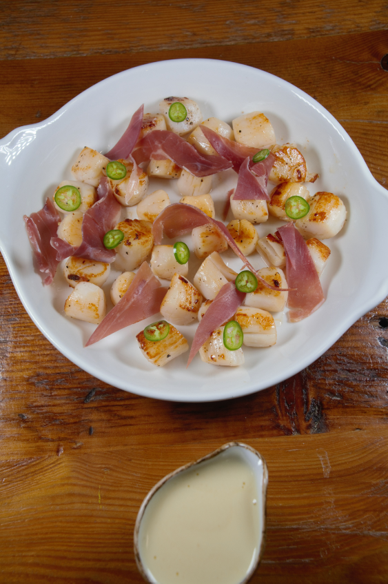 Seared Bay Scallops with Serrano Ham and chilies