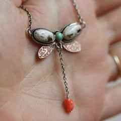 Dragonfly Choker in White Buffalo, Turquoise and Coral - Sold Out