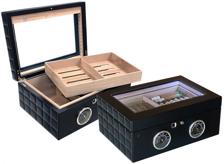Le Mans GT - Humidor Featuring Stitched Bonded Leather, Biometric Fingerprint Reader & LED lights (~120 count)