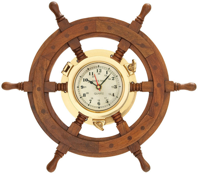 Benzara 01193 Wood Shipswheel Clock Unique Country Home Decor