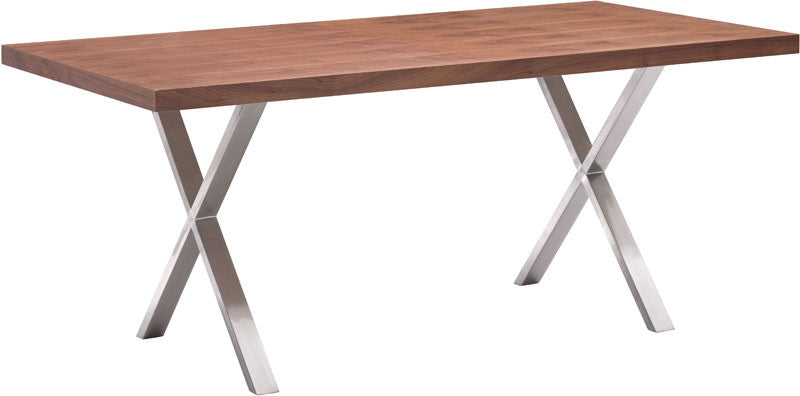 Zuo Modern 100086 Renmen Dining Table Color Walnut Brushed Stainless Steel Finish