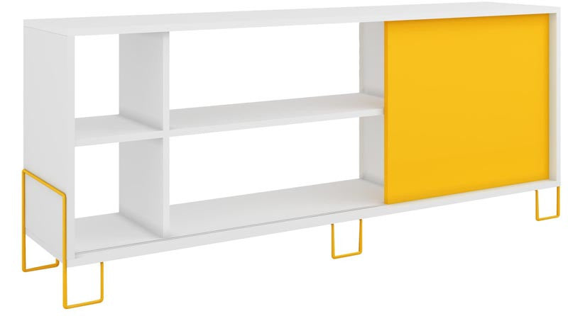 Accentuations By Manhattan Comfort Eye- Catching Nacka Tv Stand 2.0 With 4 Shelves And 1 Sliding Door In A White Frame And Yellow Door And Feet