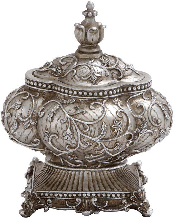 Benzara 20948 Attractive Silver Polystone Urn With Intricate Detailing