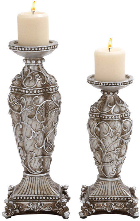 Benzara 20951 Polystone Candle Holder With Classic Design In Set Of 2