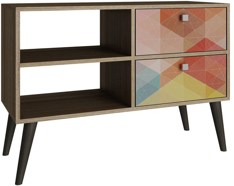 Accentuations By Manhattan Comfort Practical Dalarna Tv Stand With 2 Open Shelves And 2- Drawers In Oak And Coloful Stamp Door