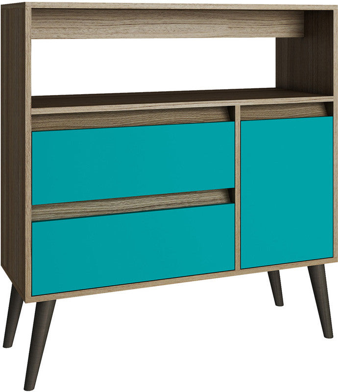 Accentuations By Manhattan Comfort Functional Gota High Side Table With 1- Shelf, 2- Drawers And 1- Door In Oak And Aqua
