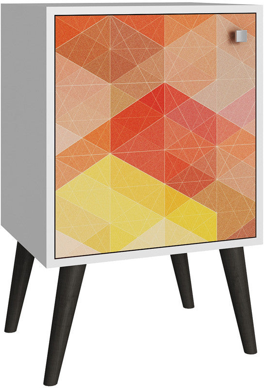 Accentuations By Manhattan Comfort Funky Avesta Side Table 1.0 With 2 Shelves In A White Frame With A Colorful Stamp Door And Grey Feet
