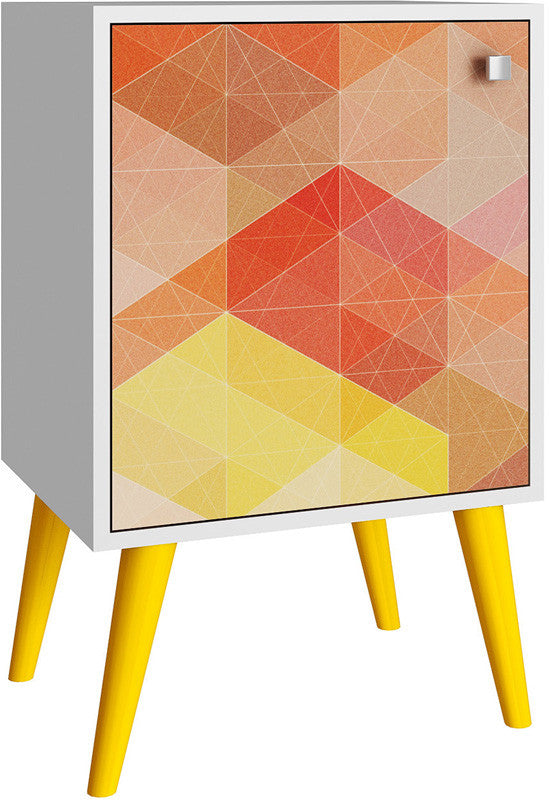 Accentuations By Manhattan Comfort Funky Avesta Side Table 1.0 With 2 Shelves In A White Frame With A Colorful Stamp Door And Yellow Feet
