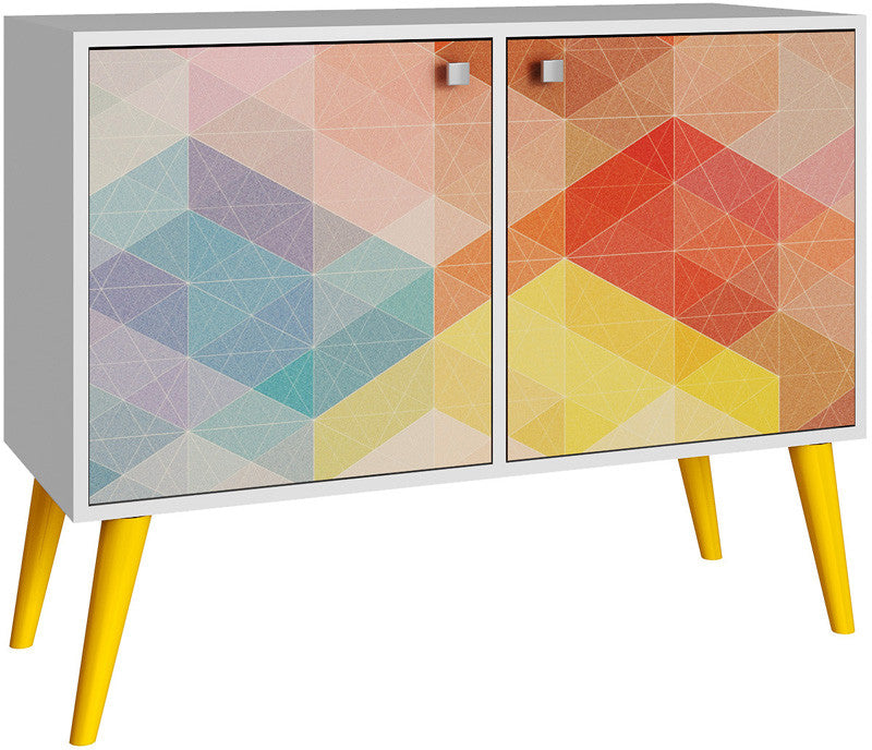Accentuations By Manhattan Comfort Funky Avesta Side Table 2.0 With 3 Shelves In A White Frame With A Colorful Stamp Door And Yellow Feet