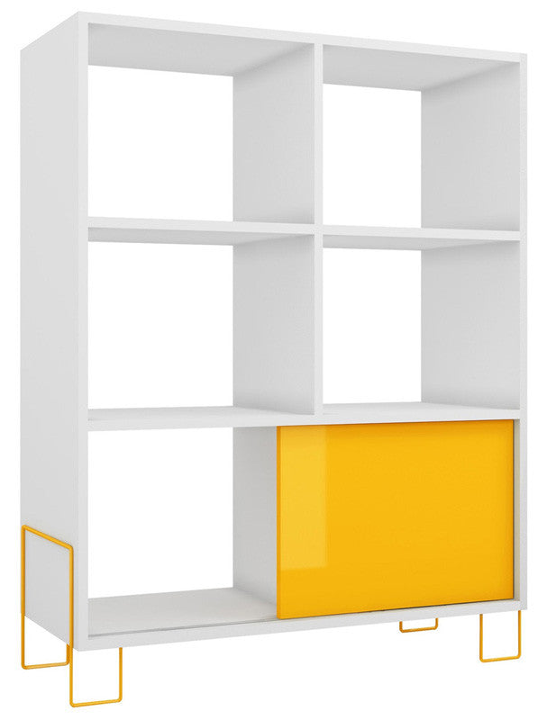 Accentuations By Manhattan Comfort Exquisite Boden Mid- High Side Stand With 6 Shelves And 1 Sliding Door In An White Frame And Yellow Door And Feet