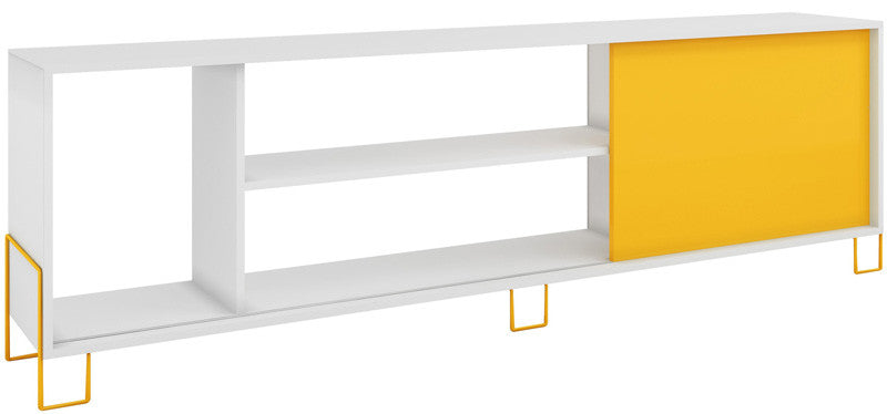 Accentuations By Manhattan Comfort Eye- Catching Nacka Tv Stand 1.0 With 4 Shelves And 1 Sliding Door In A White Frame And Yellow Door And Feet