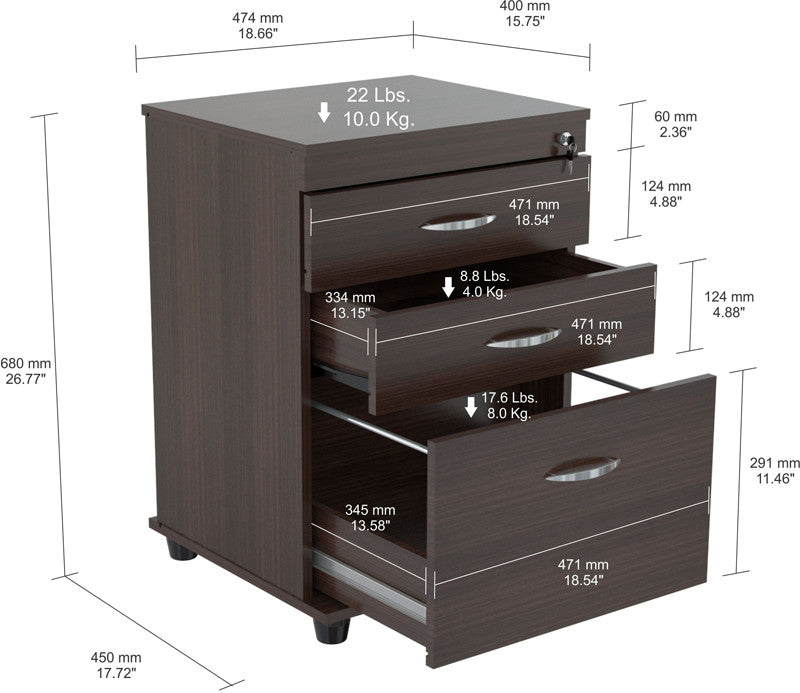 Inval America Ar-3x1r Espresso-wengue Finish 3 Drawer File Cabinet
