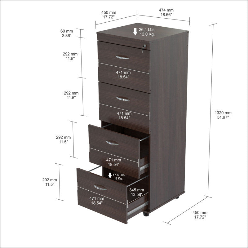 Inval America Ar-4x4r Espresso-wengue Finish 4 Drawer File Cabinet