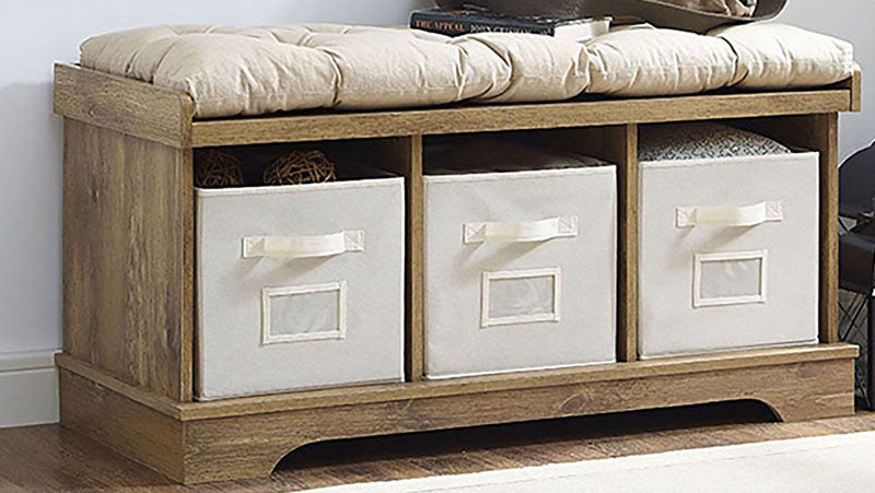 Walker Edison B42stcbw 42" Wood Storage Bench With Totes And Cushion Barnwood Finish