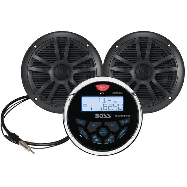 Boss Audio Systems Mckgb350b.6 Marine-gauge System With In-dash Mechless Am/fm Receiver, Speakers & Antenna (black Speakers)