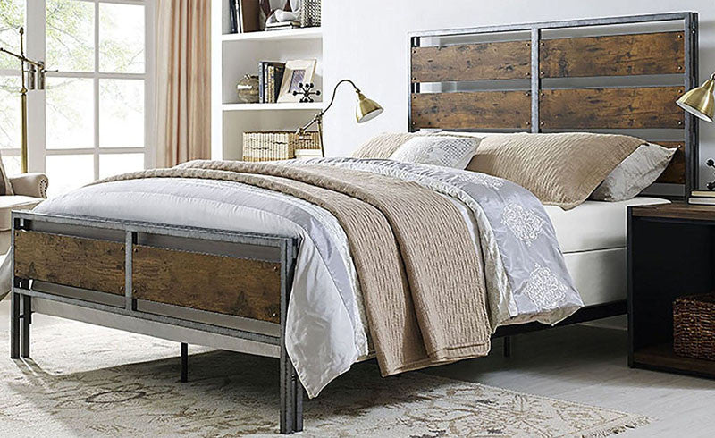 Walker Edison Bqslrw Queen Size Metal And Wood Plank Bed Brown Finish