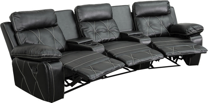 Flash Furniture Bt-70530-3-bk-cv-gg Reel Comfort Series 3-seat Reclining Black Leather Theater Seating Unit With Curved Cup Holders