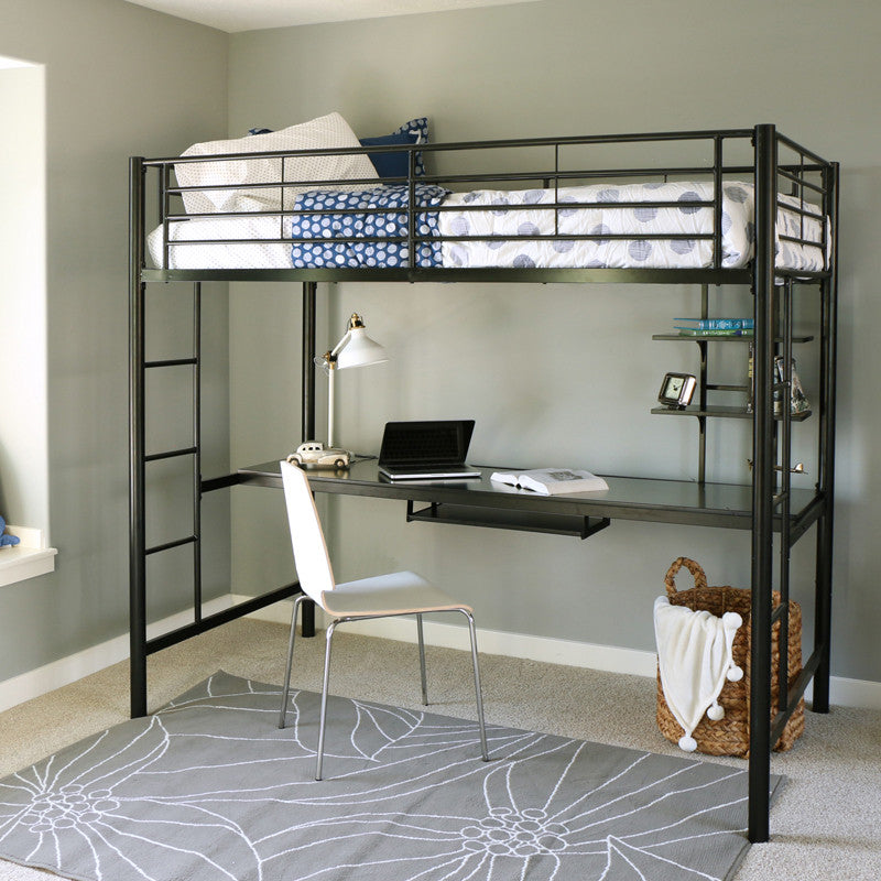 Walker Edison Btozbl Twin Metal Loft Bed With Workstation- Black