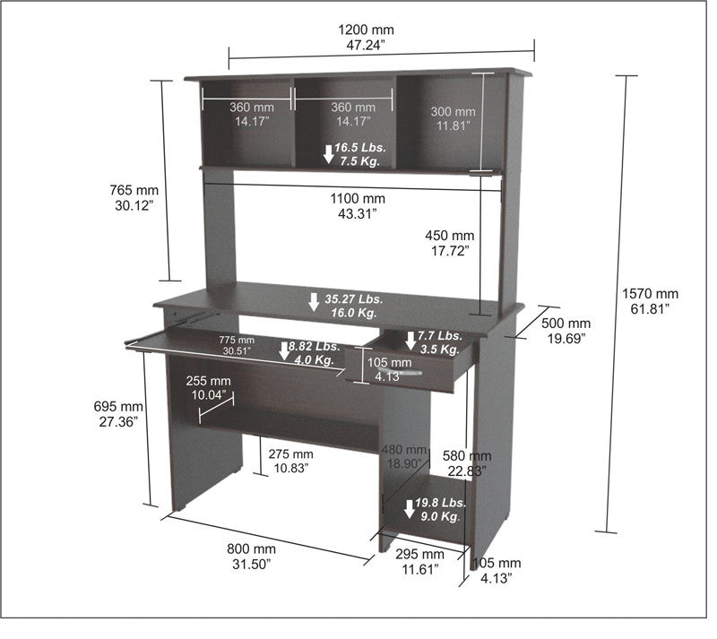 Inval America Cc-2501s Espresso-wengue Finish Computer Work Center With Hutch