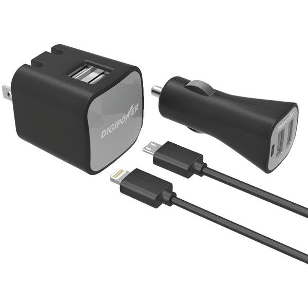 Digipower Is-pk2ml Instasense 2.4-amp Dual-port Usb Car Charger & Wall Charger With 5ft Lightning & Micro Usb Cables