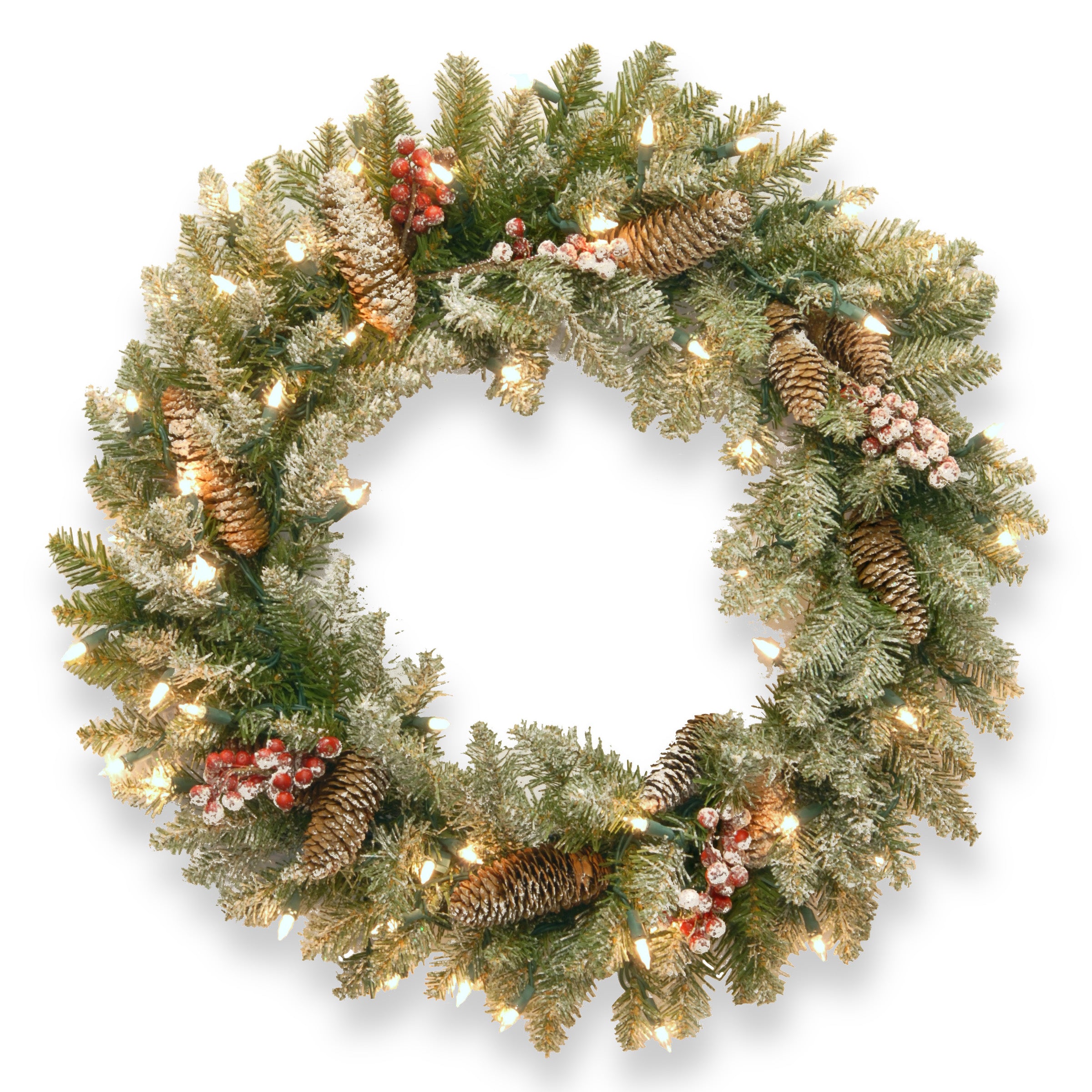 National Tree Duf-300-24w-1 24" Dunhill Fir Wreath With Snow, Red Berries, Cones And 50 Snow Lights