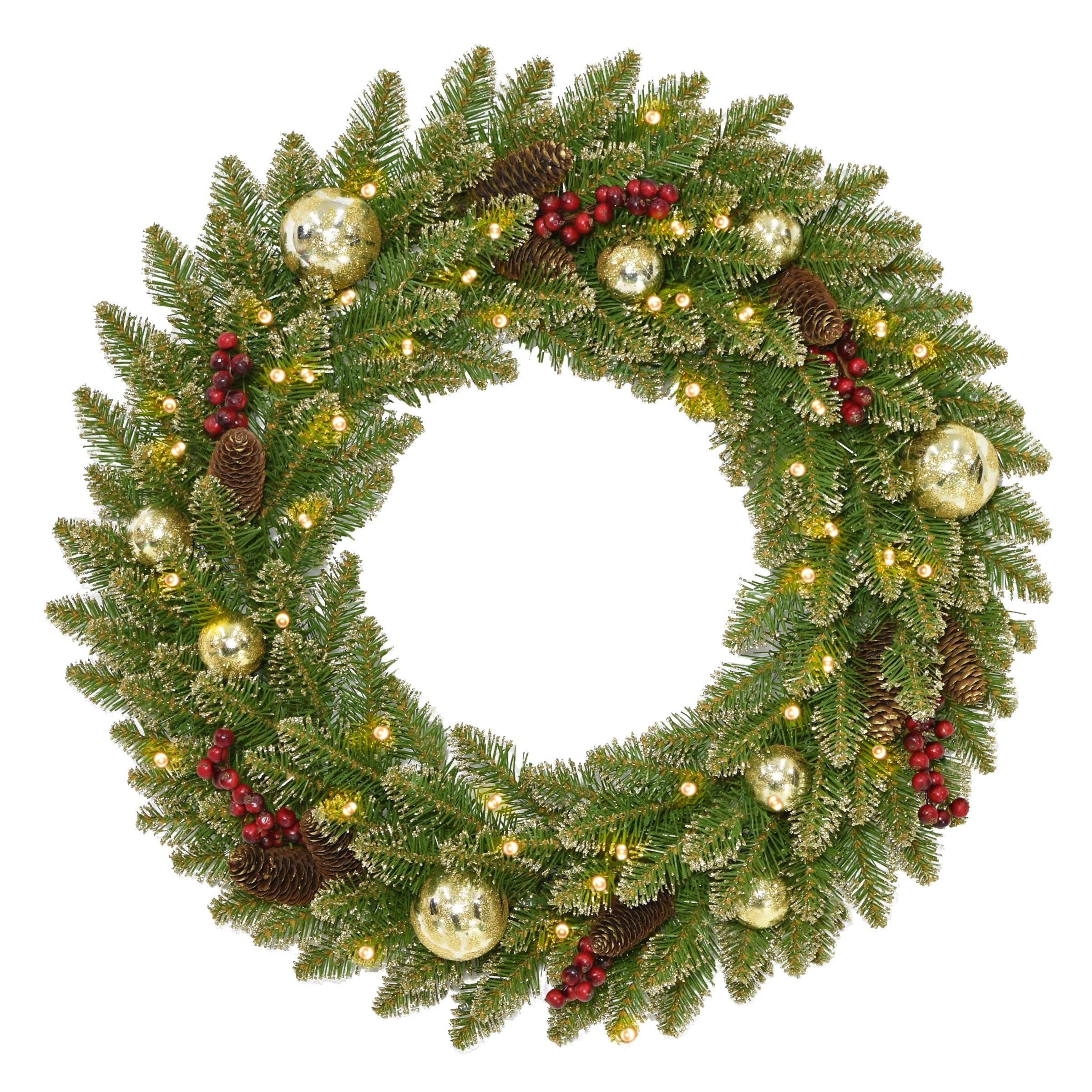 National Tree Dugl3-300-24wb1 24" Glittery Gold Dunhill Fir Wreath With Red Berries, Cones, Gold Ornaments & 35 Warm White Battery Operated Led Lights