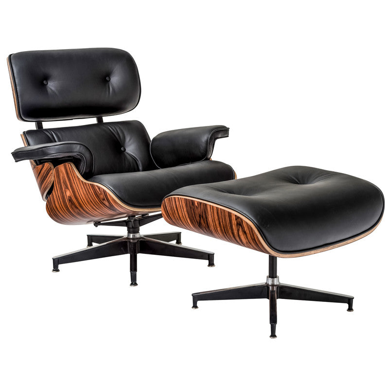Edgemod Em-159-rose-blk Windsor Lounge Chair And Ottoman In Rosewood And Italian Black Leather