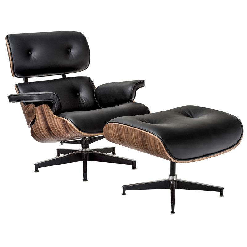 Edgemod Em-159-wal-blk Windsor Lounge Chair And Ottoman In Walnut And Italian Black Leather