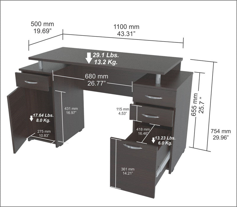 Inval America Es-0403 Espresso-wengue Finish Computer Desk With Four Drawers