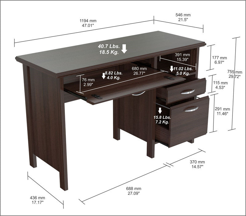 Inval America Es-2403 Espresso-wengue Finish Chrome Metal Soft Form Computer Desk With Handles