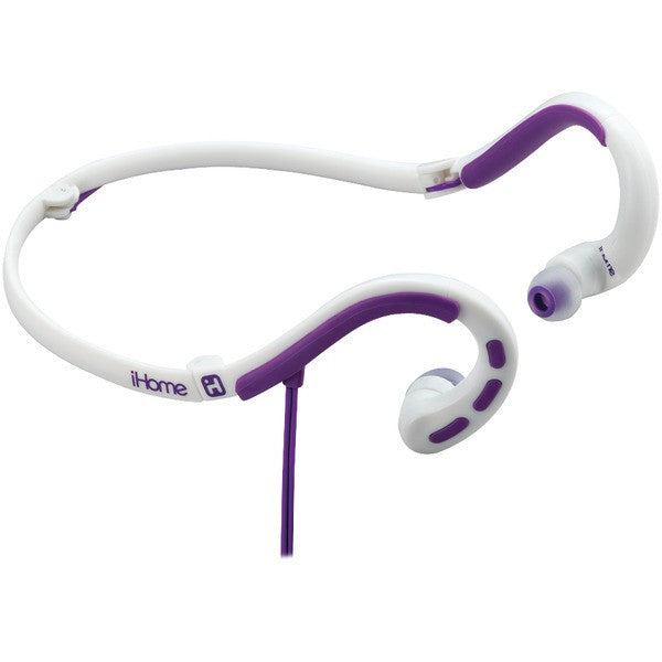 Ihome Ib14wux Water-resistant Behind-the-neck Sport Earbuds With Microphone (purple/white)