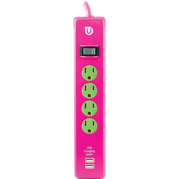 Ge 25118 Uber 4-outlet Power Strip With 2 Usb Ports, 4ft Cord (pink & Green)