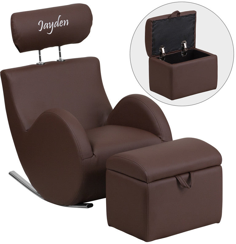 Flash Furniture Ld-2025-bn-v-emb-gg Personalized Hercules Series Brown Vinyl Rocking Chair With Storage Ottoman