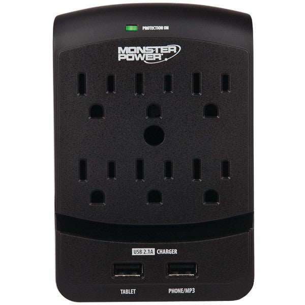 Monster Power 121824 6-outlet Core Power 650 Wall Tap With 2 Usb Ports