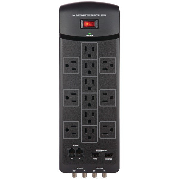 Monster Power 121830 12-outlet Core Power 1200 Usb+av Surge Protector With 2 Usb Ports