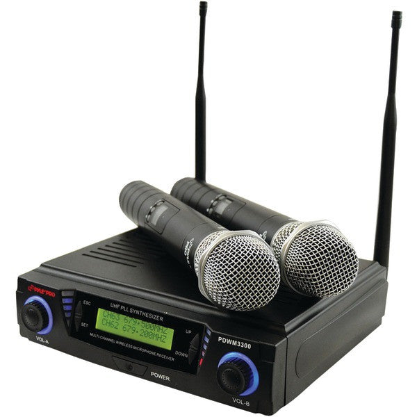 Pyle Pdwm3300 Wireless Professional Uhf Dual Channel Microphone System With Adjustable Frequency