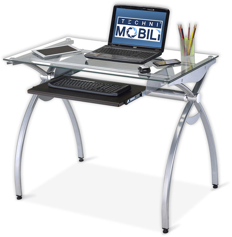 Techni Mobili Rta-00397b-gls Contempo Clear Glass Top Computer Desk With Pull Out Keyboard Panel. Color: Clear